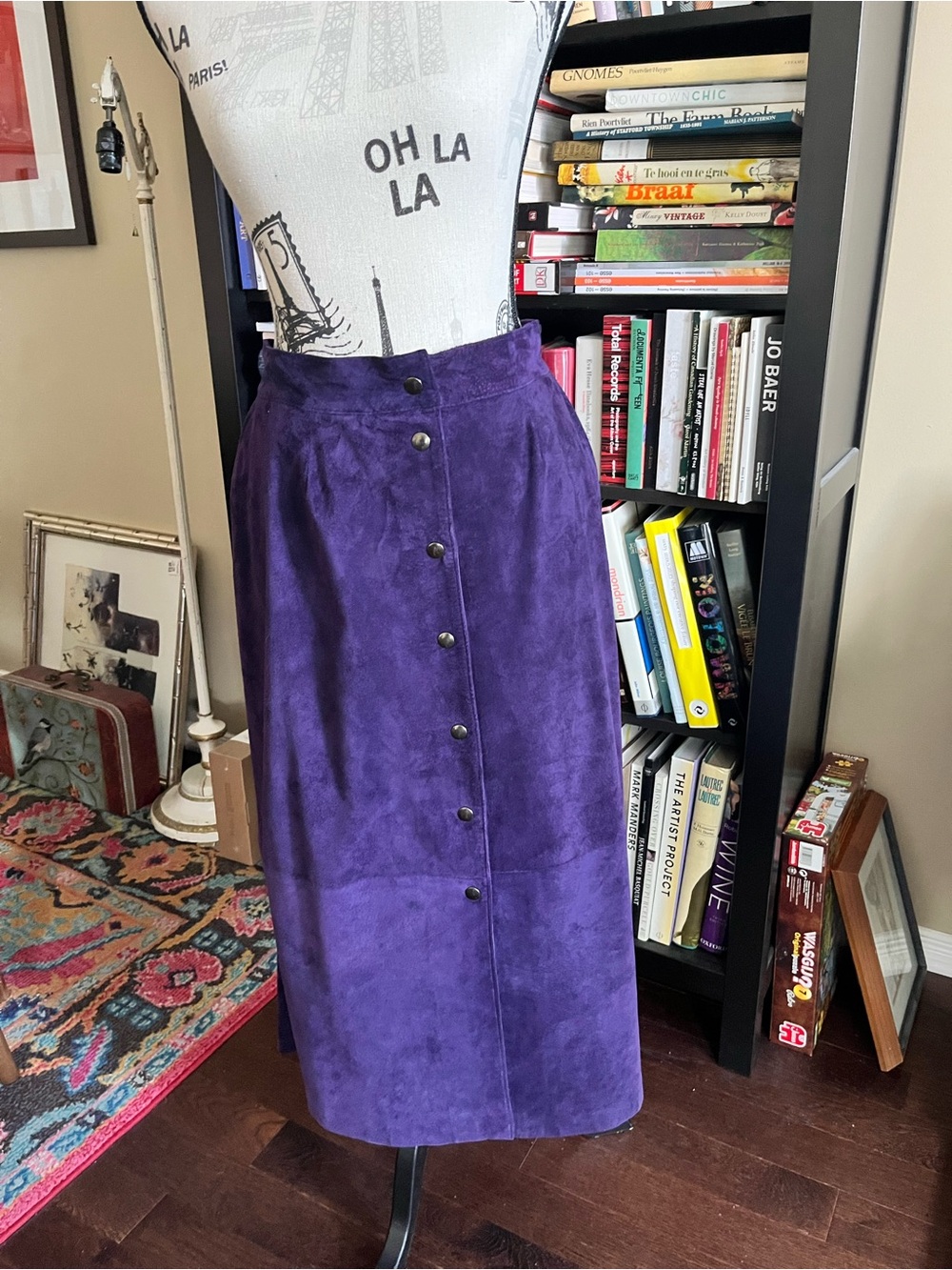 Vintage Yves Venet Purple Suede Button-Front Midi Skirt